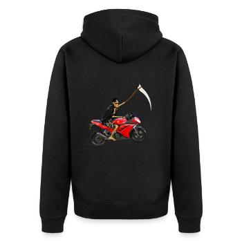 Sensenmann steigt um auf´s Motorrad - Unisex Premium Bio Zip Hoodie - Schwarz - Hinten - Nico (187cm)
