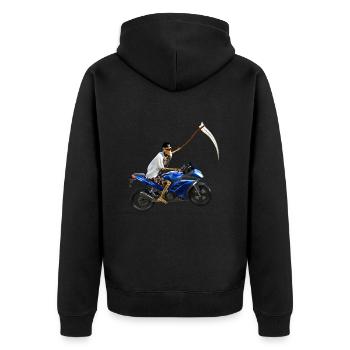 Sensenmann steigt um auf´s Motorrad - Unisex Premium Bio Zip Hoodie - Schwarz - Hinten - Nico (187cm)