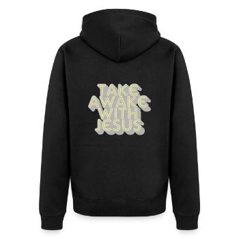 take awake with jesus - Unisex Premium Bio Zip Hoodie - Schwarz - Hinten - Nico (187cm)
