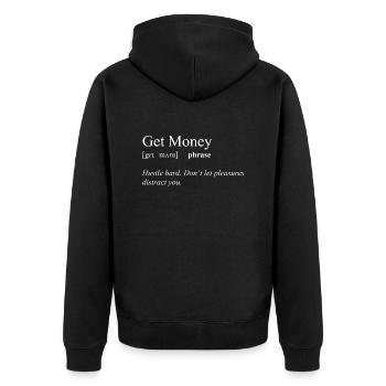 Get Money Dictionary white - Unisex Premium Bio Zip Hoodie - Schwarz - Hinten - Nico (187cm)