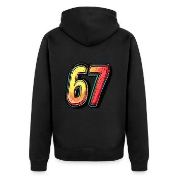 67 Zahl Bunt - Unisex Premium Bio Zip Hoodie - Schwarz - Hinten - Nico (187cm)