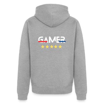 GAMER - Unisex Premium Bio Zip Hoodie - Grau meliert - Hinten - Nico (187cm)