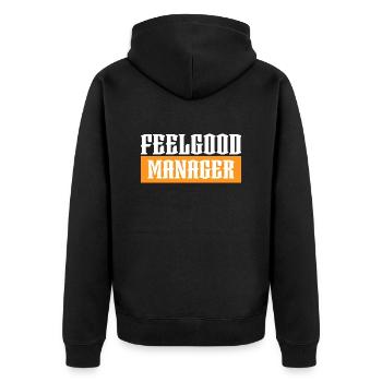 Agentur Feelgood manager orange tshirt schwarz - Unisex Premium Bio Zip Hoodie - Schwarz - Hinten - Nico (187cm)