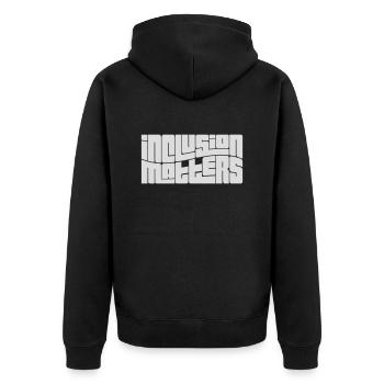 inclusion matters Logo Zitat - Unisex Premium Bio Zip Hoodie - Schwarz - Hinten - Nico (187cm)