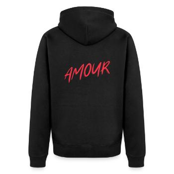 "Amour" rot, Design T-Shirt - Unisex Premium Bio Zip Hoodie - Schwarz - Hinten - Nico (187cm)