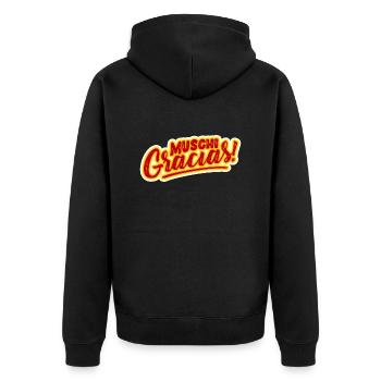 MALLE SPRUCH, MUSCHI GRACIAS! - Unisex Premium Bio Zip Hoodie - Schwarz - Hinten - Nico (187cm)