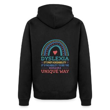 Dyslexia Awareness Dyslexic - Unisex Premium Organic Zip Hoodie - black - Back - Nico (187cm)