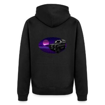 Defender // Dachzelt // Outdoor // Abenteuer - Unisex Premium Bio Zip Hoodie - Schwarz - Hinten - Nico (187cm)
