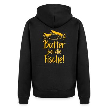 Butter bei die Fische - Unisex Premium Bio Zip Hoodie - Schwarz - Hinten - Nico (187cm)