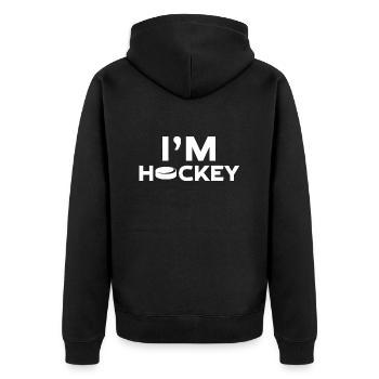 Ich bin Hockey T-Shirt Geschenk - Unisex Premium Bio Zip Hoodie - Schwarz - Hinten - Nico (187cm)