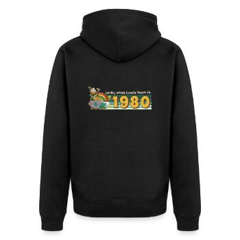 Lucky Ones Were Born in 1980 tee St. Patrick's - Unisex Premium Organic Zip Hoodie - black - Back - Nico (187cm)