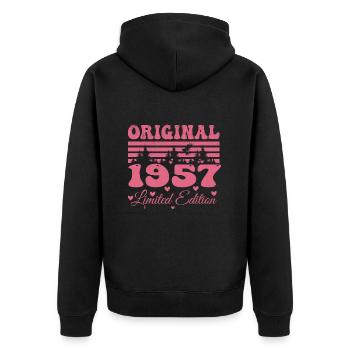 67. Geburtstagsgeschenk 1957 Frau | Geboren 1957 - Unisex Premium Bio Zip Hoodie - Schwarz - Hinten - Nico (187cm)