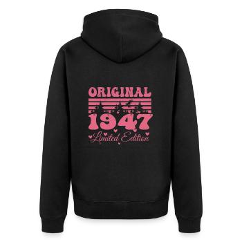 Cadeau 77e Anniversaire 1947 Femme | Né en 1947 - Veste à capuche bio Premium Unisexe - noir - Dos - Nico (187cm)