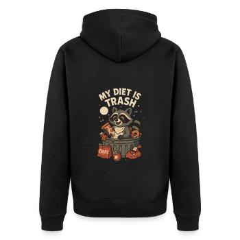 My Diet is Trash – Lustiges Waschbär-Motiv - Unisex Premium Bio Zip Hoodie - Schwarz - Hinten - Nico (187cm)
