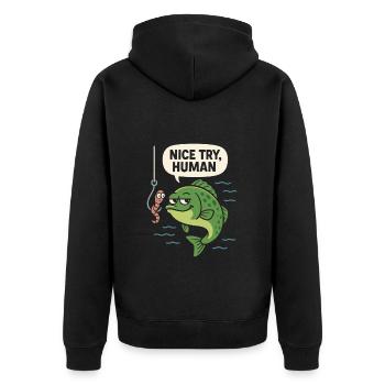 Nice Try Human – Fisch répond effrontément - Veste à capuche bio Premium Unisexe - noir - Dos - Nico (187cm)