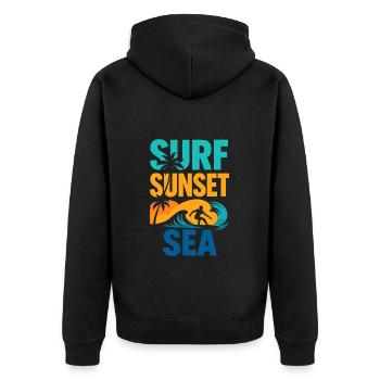 Surf Sunset Sea – Freedom by the Sea - Unisex Premium Organic Zip Hoodie - black - Back - Nico (187cm)