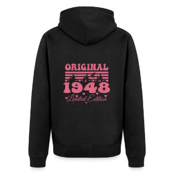 Cadeau 76e Anniversaire 1948 Femme | Né en 1948 - Veste à capuche bio Premium Unisexe - noir - Dos - Nico (187cm)