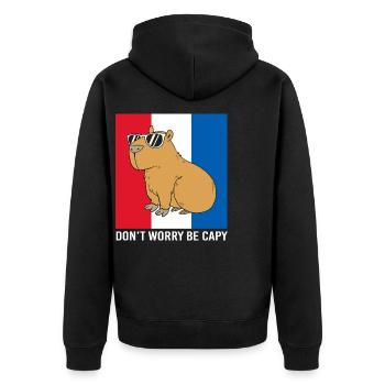 Dont Worry Be Cappy Capybara - Unisex Premium Bio Zip Hoodie - Schwarz - Hinten - Nico (187cm)