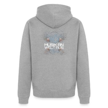 Musik Sprüche > Musik an - Welt aus - Unisex Premium Bio Zip Hoodie - Grau meliert - Hinten - Nico (187cm)