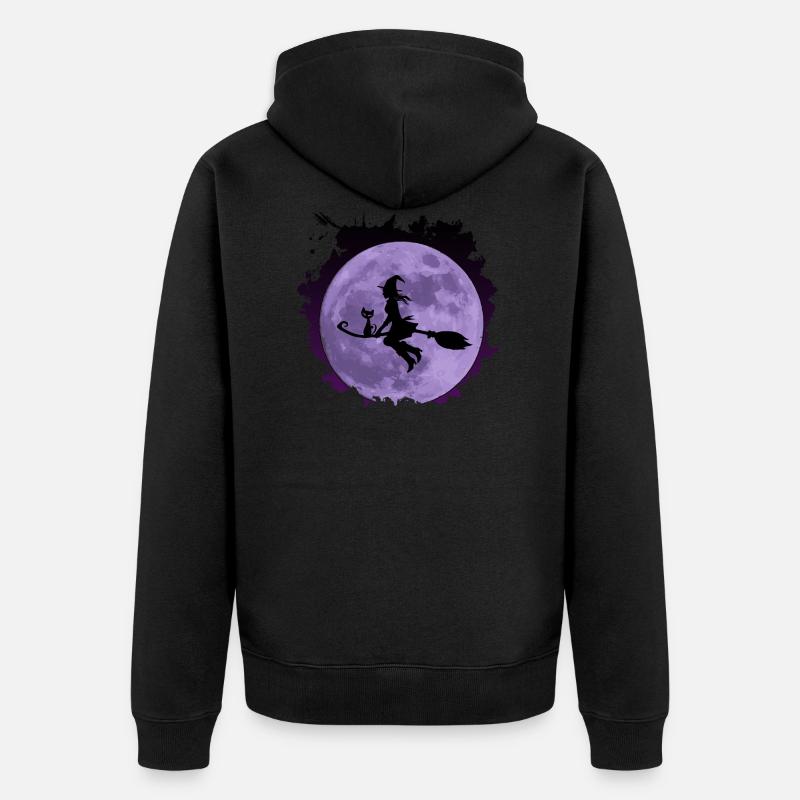 Sorcière avec chat doux « Catrina » sur balai avec la lune - Veste à capuche bio Premium Unisexe - noir