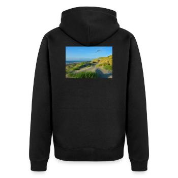 Nordsee Dünen - Unisex Premium Bio Zip Hoodie - Schwarz - Hinten - Nico (187cm)
