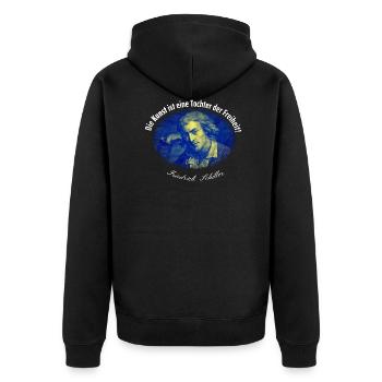 Schiller Zitat - Kunst ist Tochter der Freiheit - Unisex Premium Bio Zip Hoodie - Schwarz - Hinten - Nico (187cm)