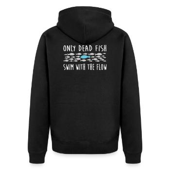 dead fish swim with the flow Standhaftigkeit - Unisex Premium Bio Zip Hoodie - Schwarz - Hinten - Nico (187cm)