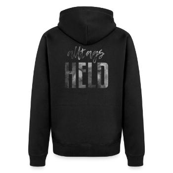 Alltags Held - Unisex Premium Bio Zip Hoodie - Schwarz - Hinten - Nico (187cm)