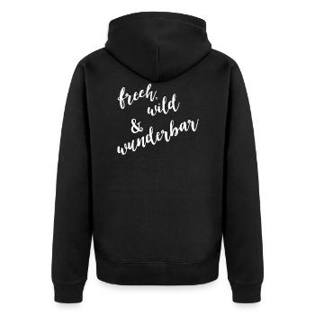 Frech, wild & wunderbar - Unisex Premium Bio Zip Hoodie - Schwarz - Hinten - Nico (187cm)