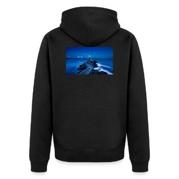 Küste mit Leuchtturm - Unisex Premium Bio Zip Hoodie - Schwarz - Hinten - Nico (187cm)