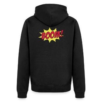 BOOM! - Unisex Premium Bio Zip Hoodie - Schwarz - Hinten - Nico (187cm)
