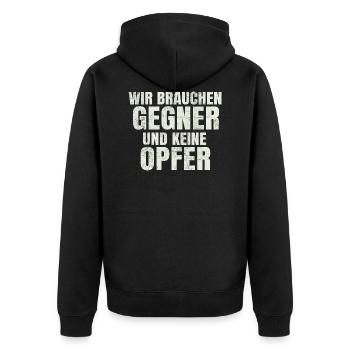 Wir brauchen Gegner Shirt - Unisex Premium Bio Zip Hoodie - Schwarz - Hinten - Nico (187cm)