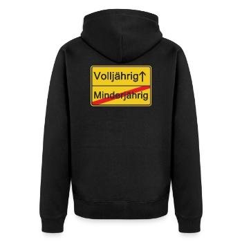Minderjährig Volljährig - Unisex Premium Bio Zip Hoodie - Schwarz - Hinten - Nico (187cm)