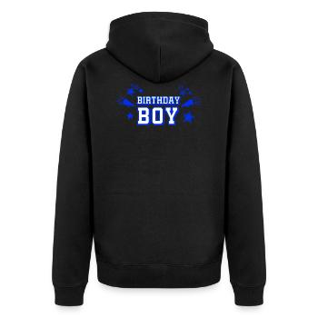 Text "Birthday Boy" mit Sternen und Megaphon - Unisex Premium Bio Zip Hoodie - Schwarz - Hinten - Nico (187cm)
