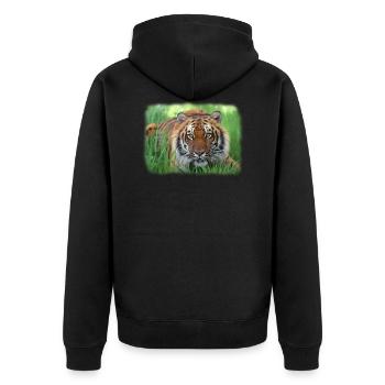 Tiger im Gras - Unisex Premium Bio Zip Hoodie - Schwarz - Hinten - Nico (187cm)