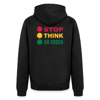 STOP - THINK - GO GREEN, 3c, eco, bio, geen, - Veste à capuche bio Premium Unisexe - noir - Dos - Nico (187cm)