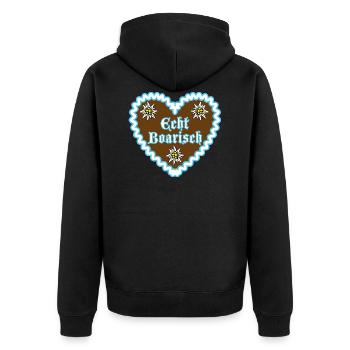 06 Echt Boarisch Lebkuchenherz Edelweiss - Unisex Premium Bio Zip Hoodie - Schwarz - Hinten - Nico (187cm)