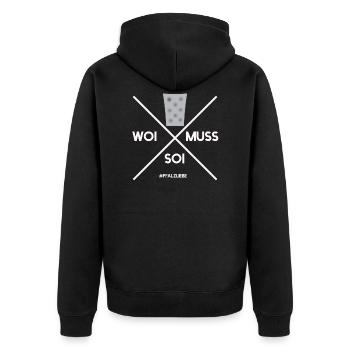 Weinschorle Woi muss soi Pfalz - Unisex Premium Bio Zip Hoodie - Schwarz - Hinten - Nico (187cm)