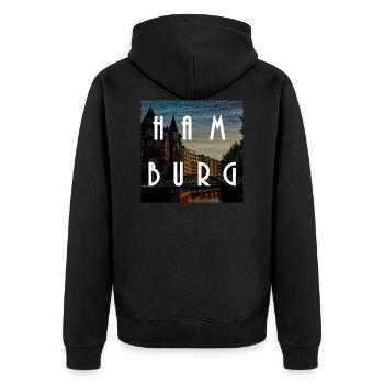 Hamburg - Unisex Premium Bio Zip Hoodie - Schwarz - Hinten - Nico (187cm)