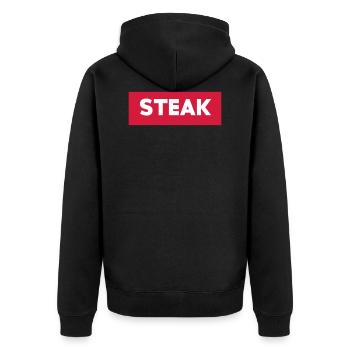 Chemise de steak avec fond rouge - Veste à capuche bio Premium Unisexe - noir - Dos - Nico (187cm)