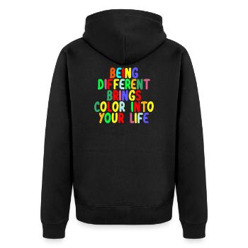Be different sei du selbst bring Farbe ins Leben - Unisex Premium Bio Zip Hoodie - Schwarz - Hinten - Nico (187cm)