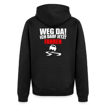 Ich darf jetzt Fahren Führerschein - Unisex Premium Bio Zip Hoodie - Schwarz - Hinten - Nico (187cm)