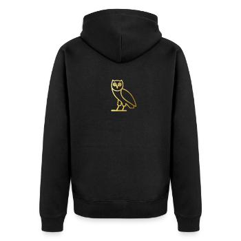 UHU/Eule im Gold Design. - Unisex Premium Bio Zip Hoodie - Schwarz - Hinten - Nico (187cm)