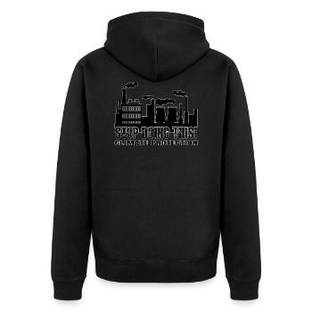 Stop Doing This! - Climate Protection - Unisex Premium Bio Zip Hoodie - Schwarz - Hinten - Nico (187cm)
