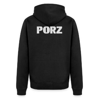 Porz Stadtteile Weiße Schrift - Unisex Premium Bio Zip Hoodie - Schwarz - Hinten - Nico (187cm)