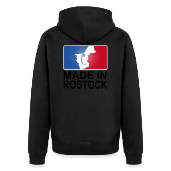 sportliches Made in Rostock Logo - Unisex Premium Bio Zip Hoodie - Schwarz - Hinten - Nico (187cm)