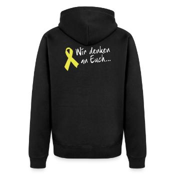 Gelbe Schleife Solidarität - Wir denken an Euch - Unisex Premium Bio Zip Hoodie - Schwarz - Hinten - Nico (187cm)