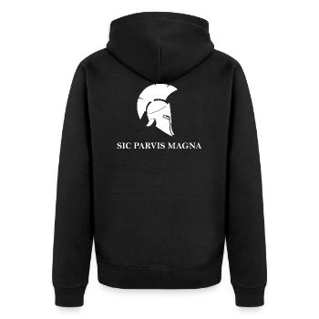 Legionär / Hoplit Helm - Sic Parvis Magna - Unisex Premium Bio Zip Hoodie - Schwarz - Hinten - Nico (187cm)