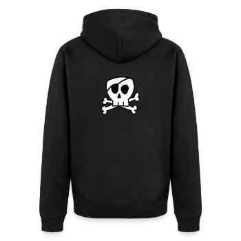 Totenkopf mit gekreuzten Knochen und Augenklappe - Unisex Premium Bio Zip Hoodie - Schwarz - Hinten - Nico (187cm)