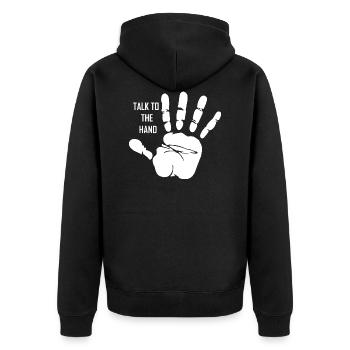 Sprich zu der Hand Terminator Talk to the Hand - Unisex Premium Bio Zip Hoodie - Schwarz - Hinten - Nico (187cm)